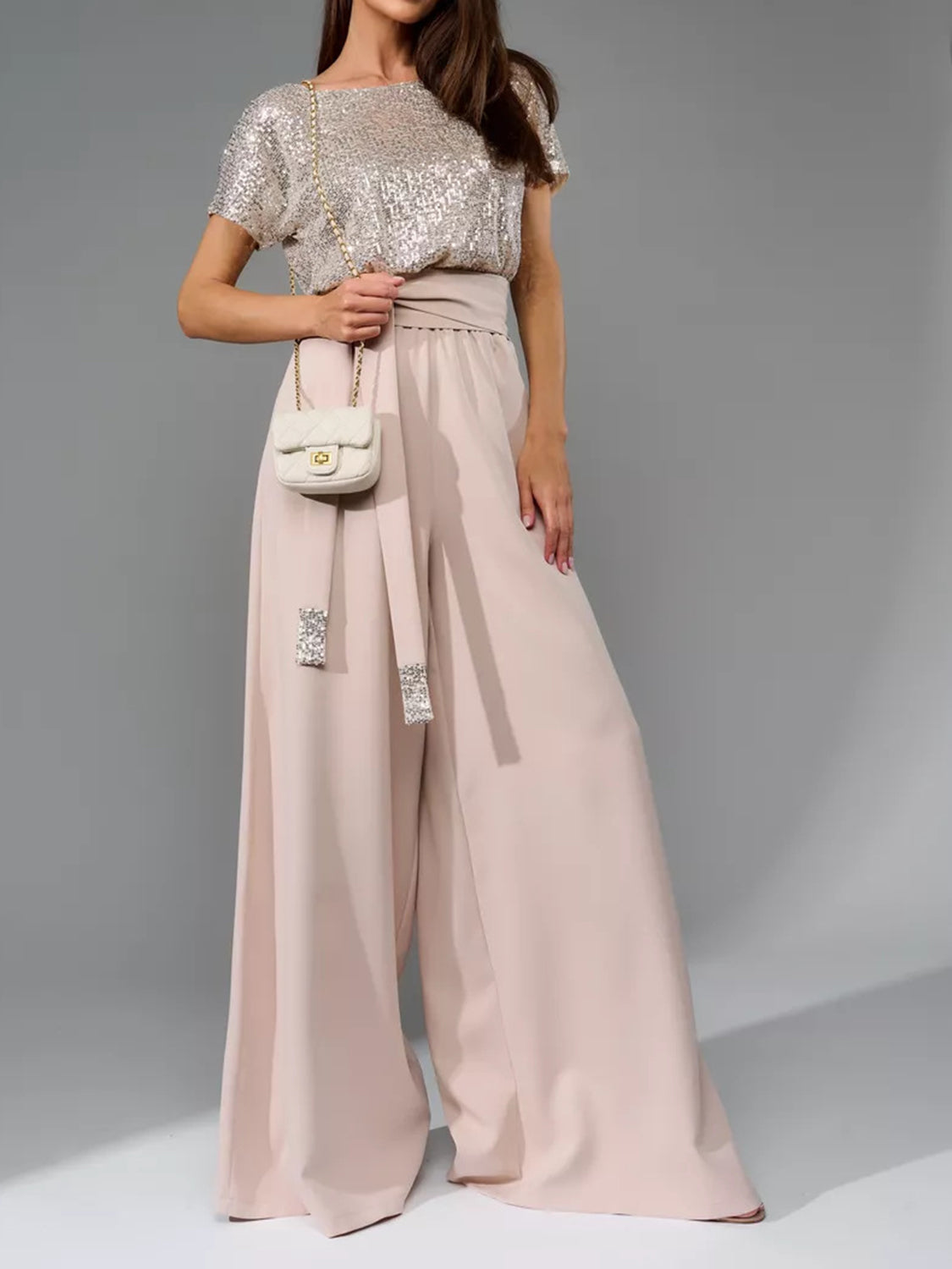 Angel Like Full Size Sequin Round Neck Short Sleeve Wide Leg Jumpsuit