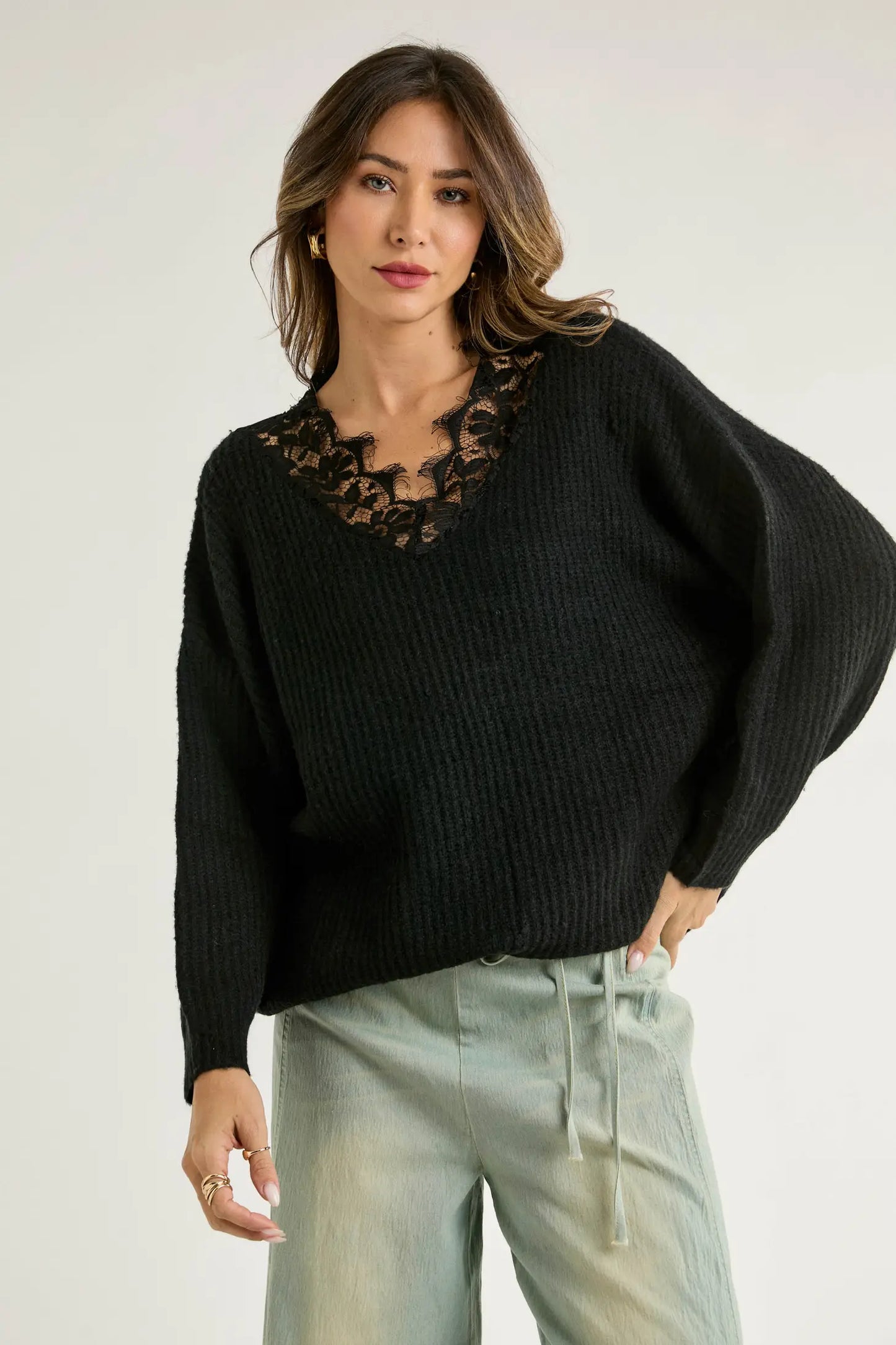 FLORAL LACE ACCENT V-NECK RIBBED KNIT DOLMAN SLEEVE OVERSIZED COZY SWEATER. Perfect to wear in San Luis Obispo.