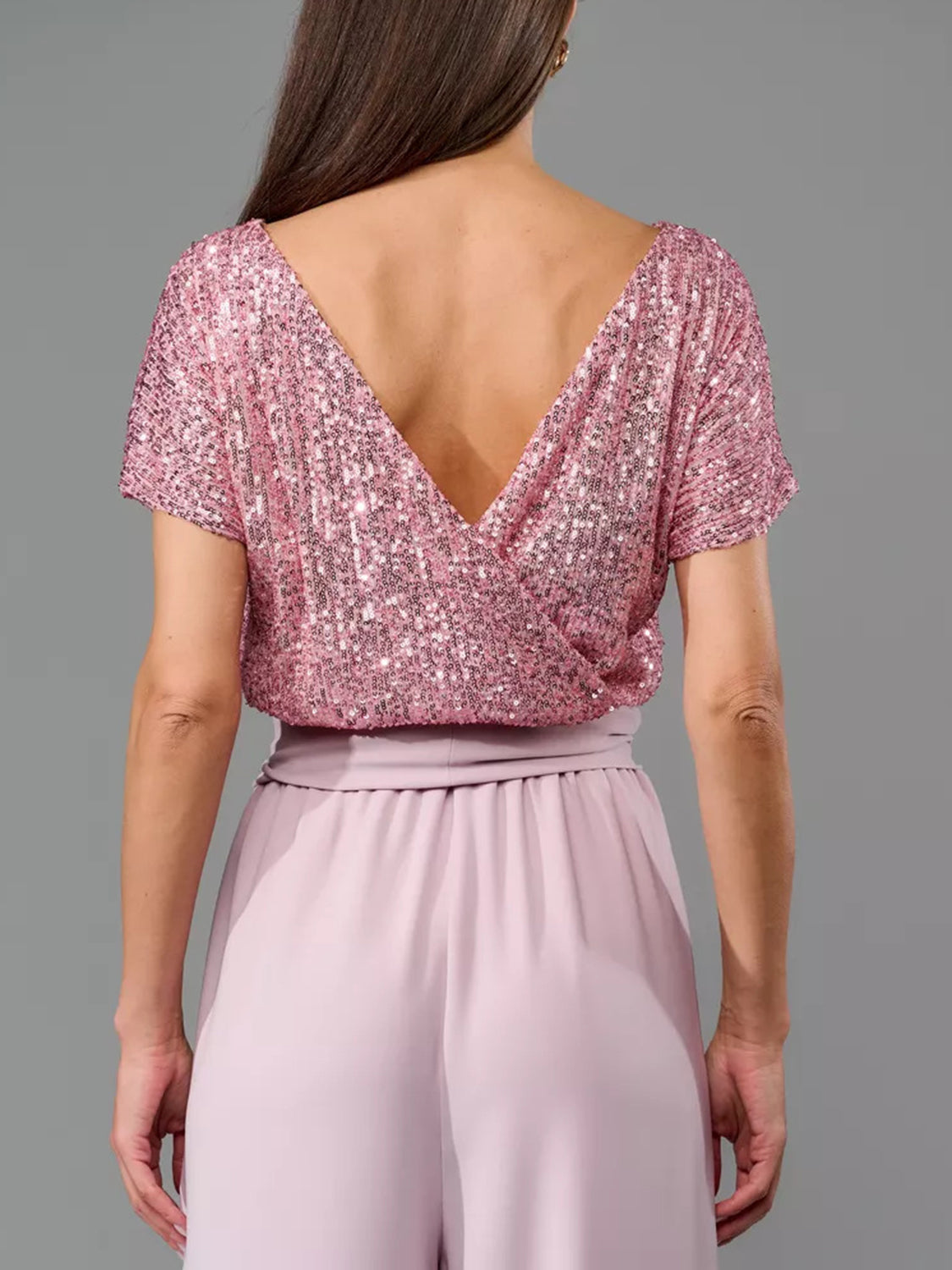 Angel Like Full Size Sequin Round Neck Short Sleeve Wide Leg Jumpsuit