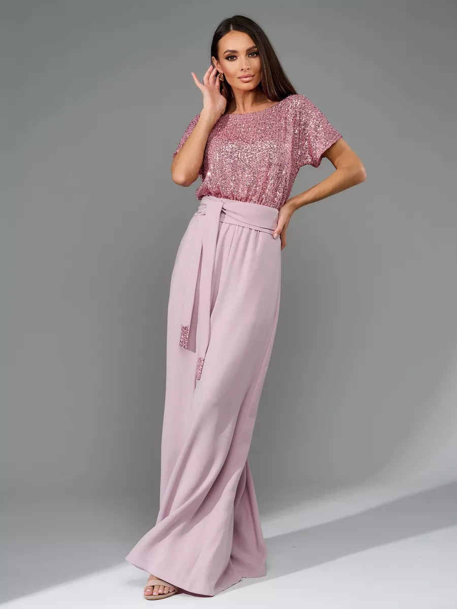 Angel Like Full Size Sequin Round Neck Short Sleeve Wide Leg Jumpsuit