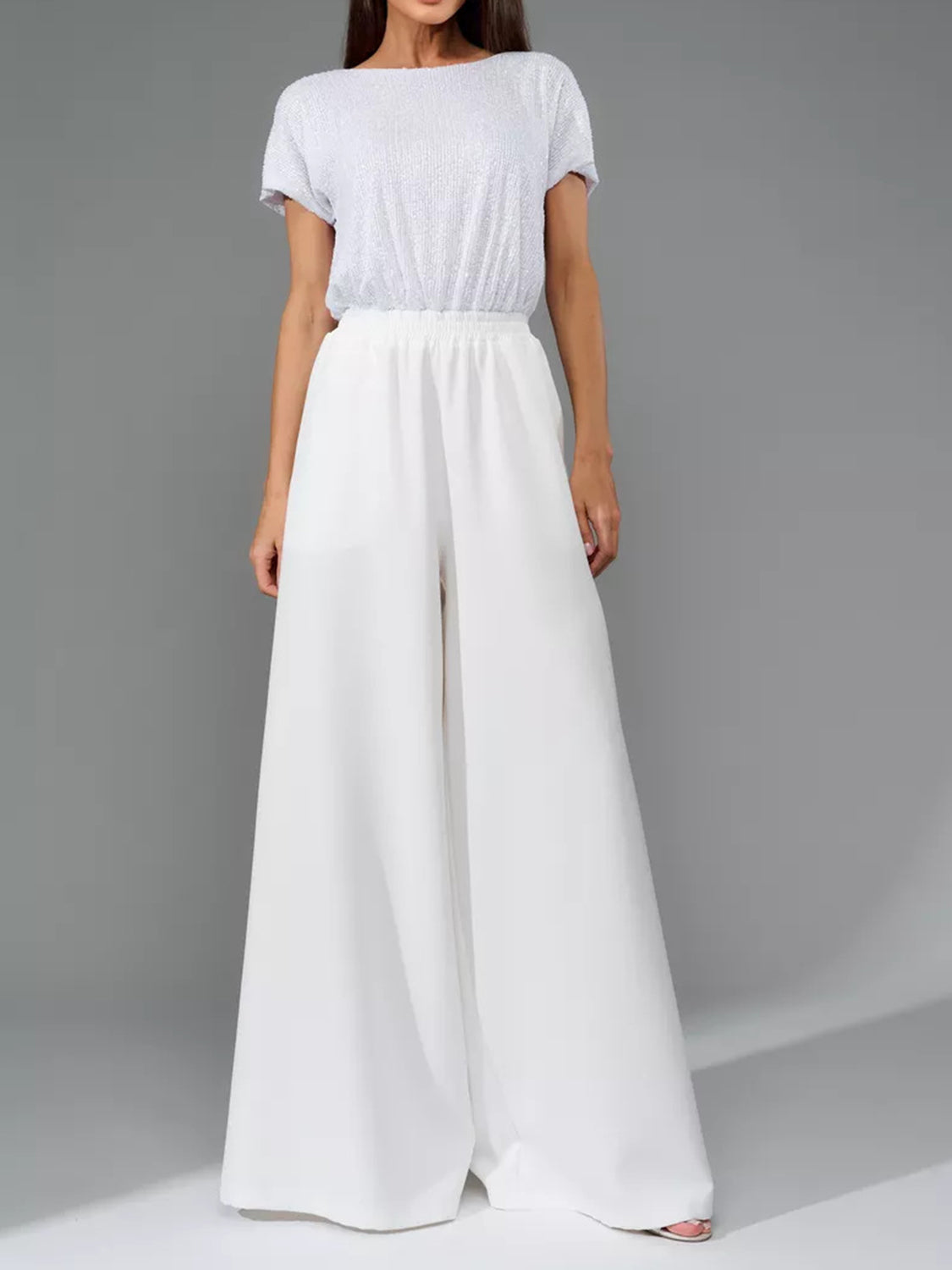 Angel Like Full Size Sequin Round Neck Short Sleeve Wide Leg Jumpsuit