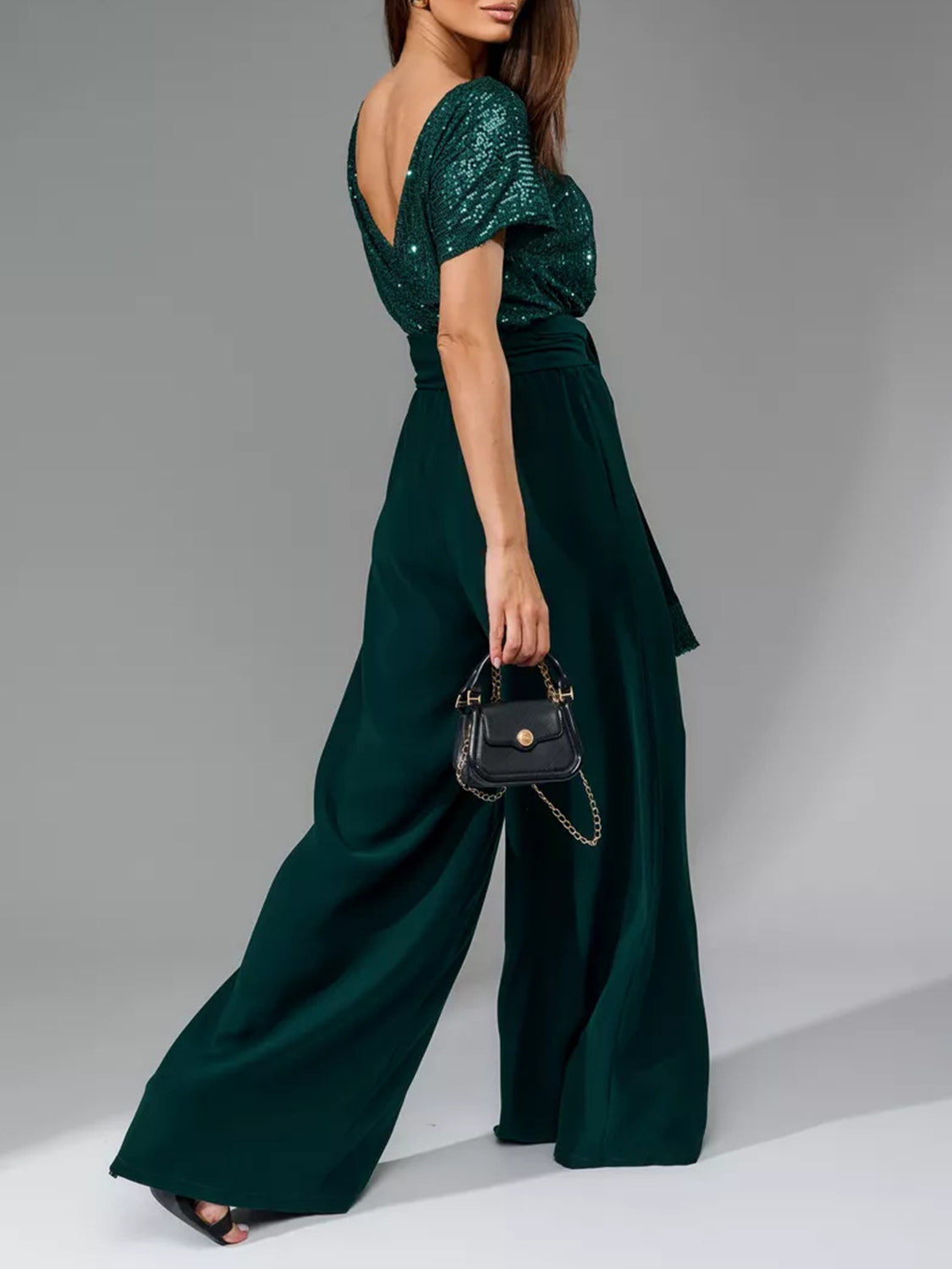 Angel Like Full Size Sequin Round Neck Short Sleeve Wide Leg Jumpsuit