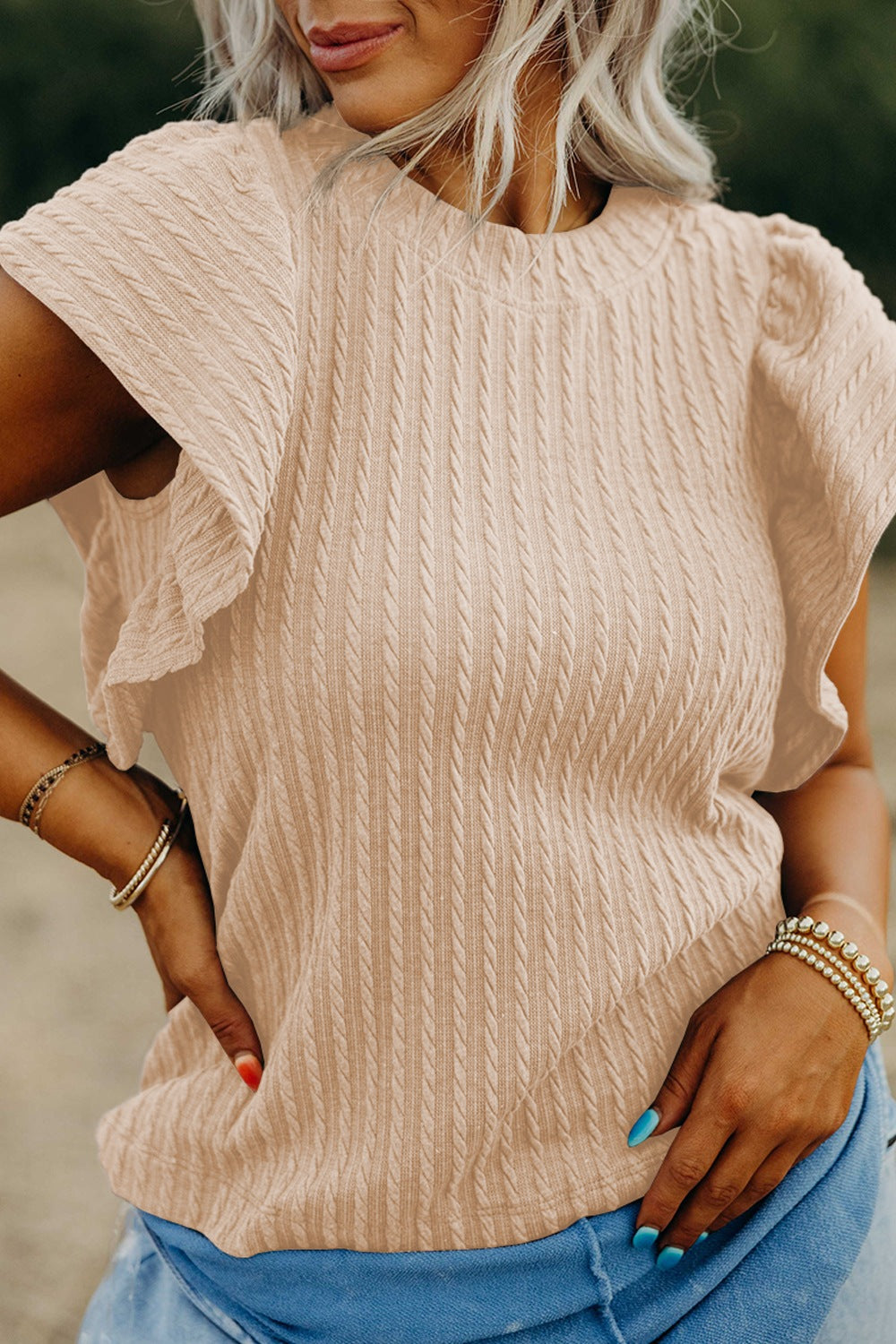 Fly Away Texture Round Neck Cap Sleeve Top