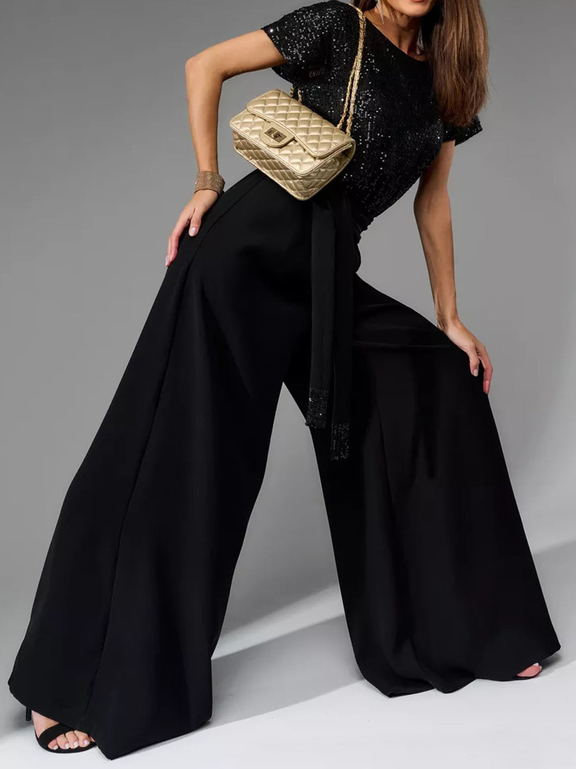 Angel Like Full Size Sequin Round Neck Short Sleeve Wide Leg Jumpsuit