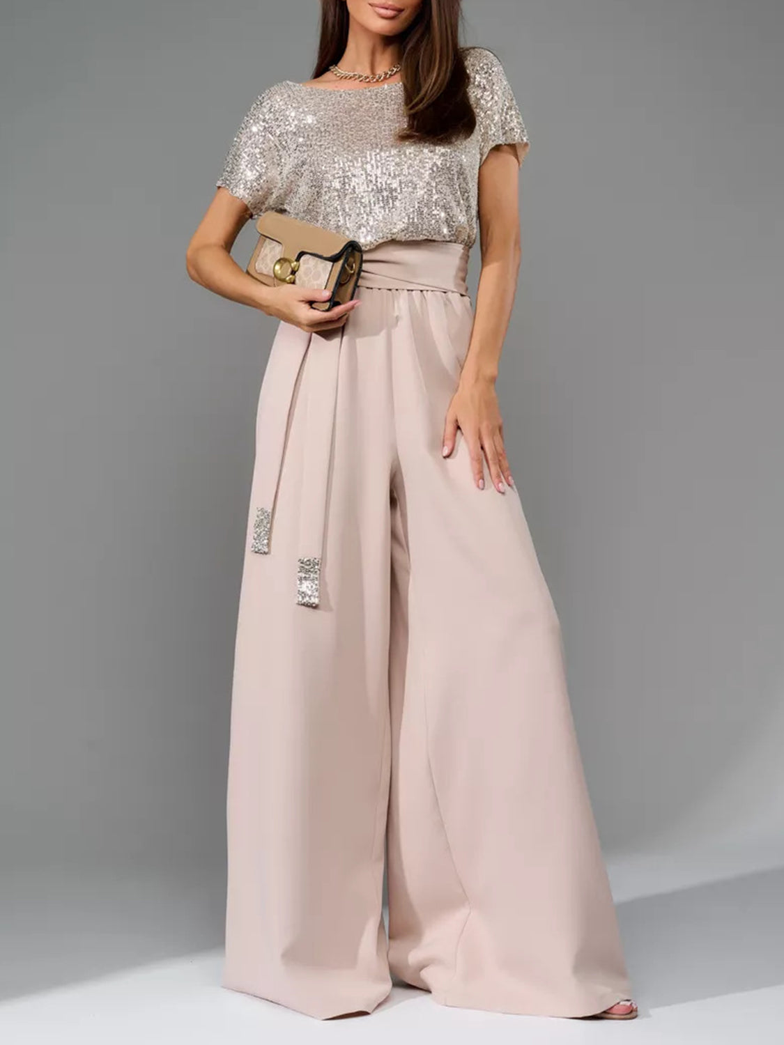 Angel Like Full Size Sequin Round Neck Short Sleeve Wide Leg Jumpsuit