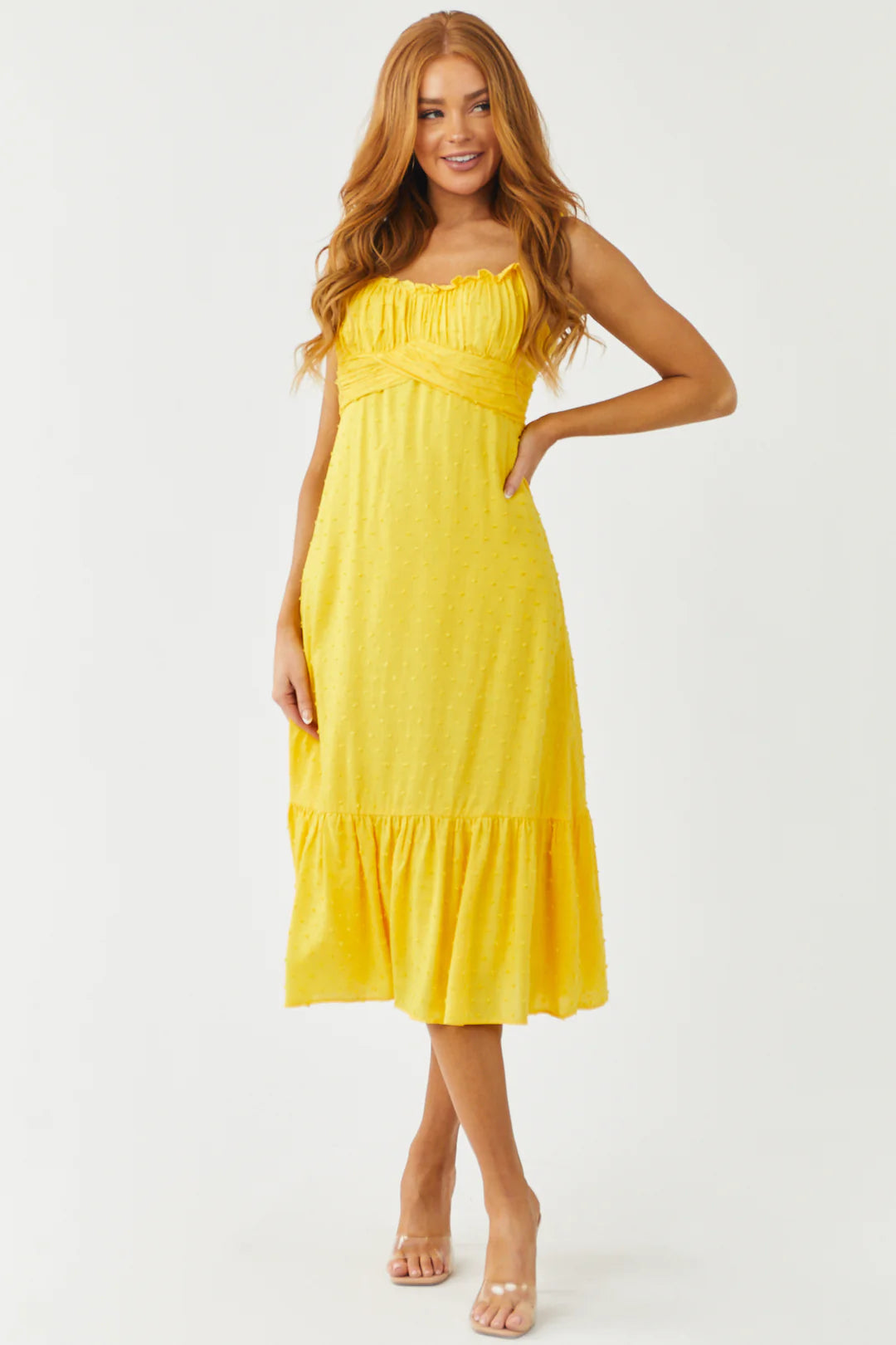 Just The Way You Are Tuscan Yellow Swiss Dot Tie Strap Midi Dress