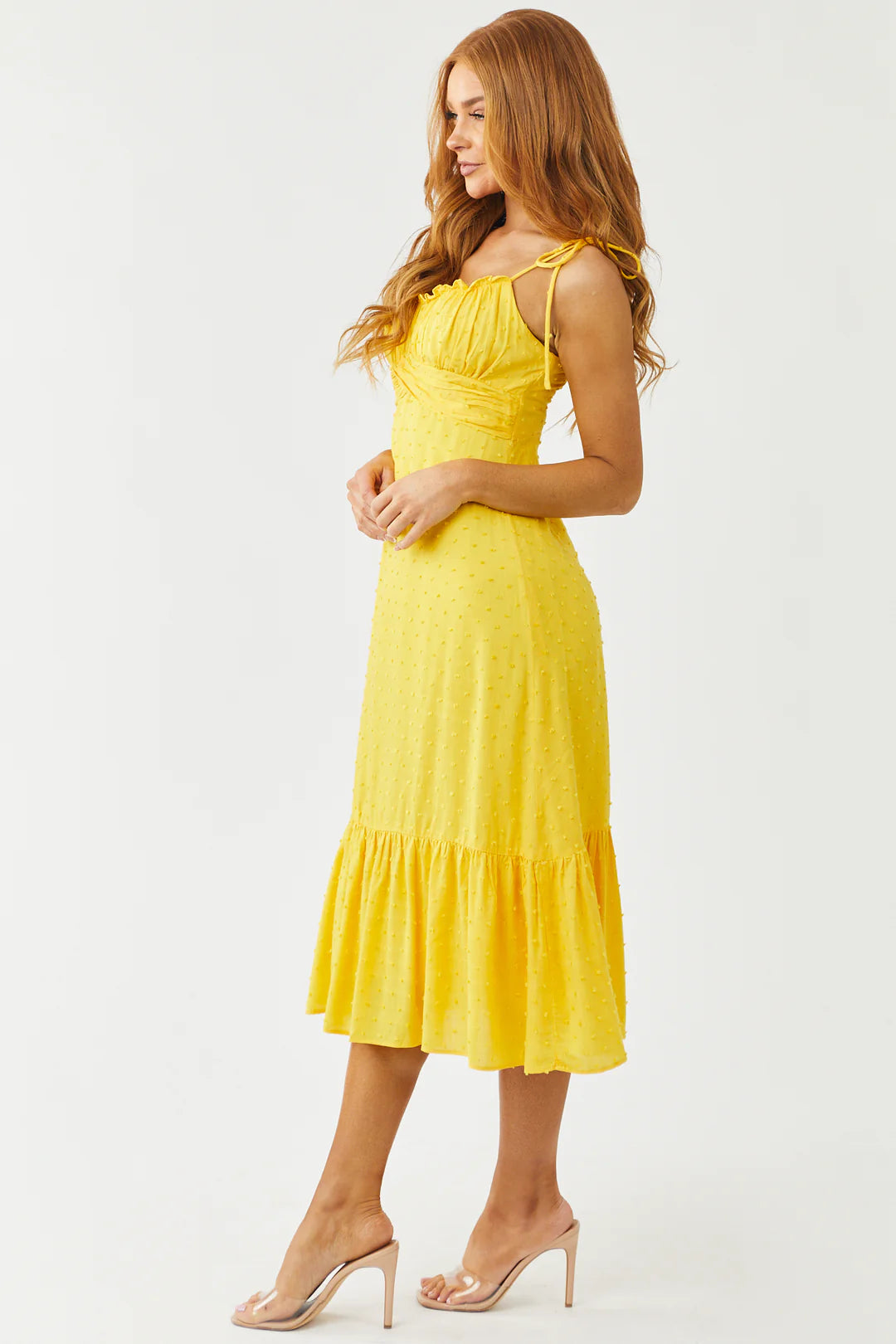 Just The Way You Are Tuscan Yellow Swiss Dot Tie Strap Midi Dress