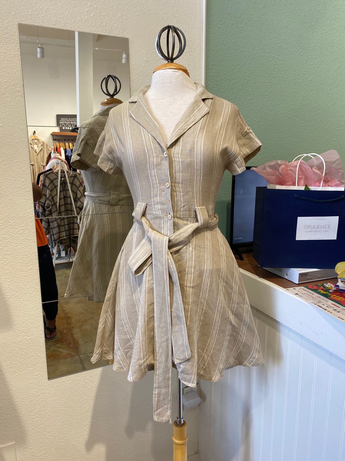 LINEN BUTTONDOWN STRIPE PATTERN SHIRT DRESS