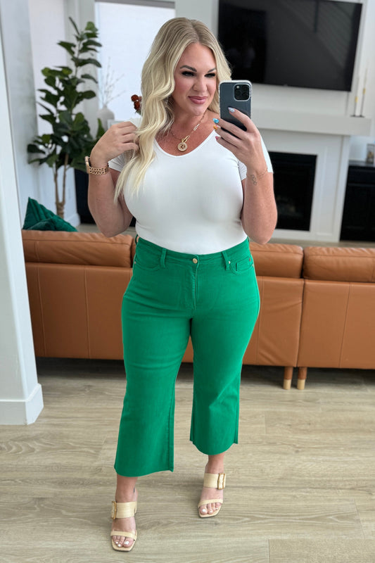 Lisa High Rise Tummy Control Wide Leg Crop Jeans in Kelly Green