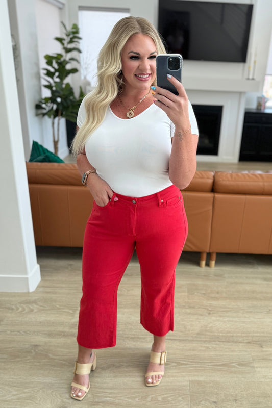 Lisa High Rise Tummy Control Wide Leg Crop Jeans in Red