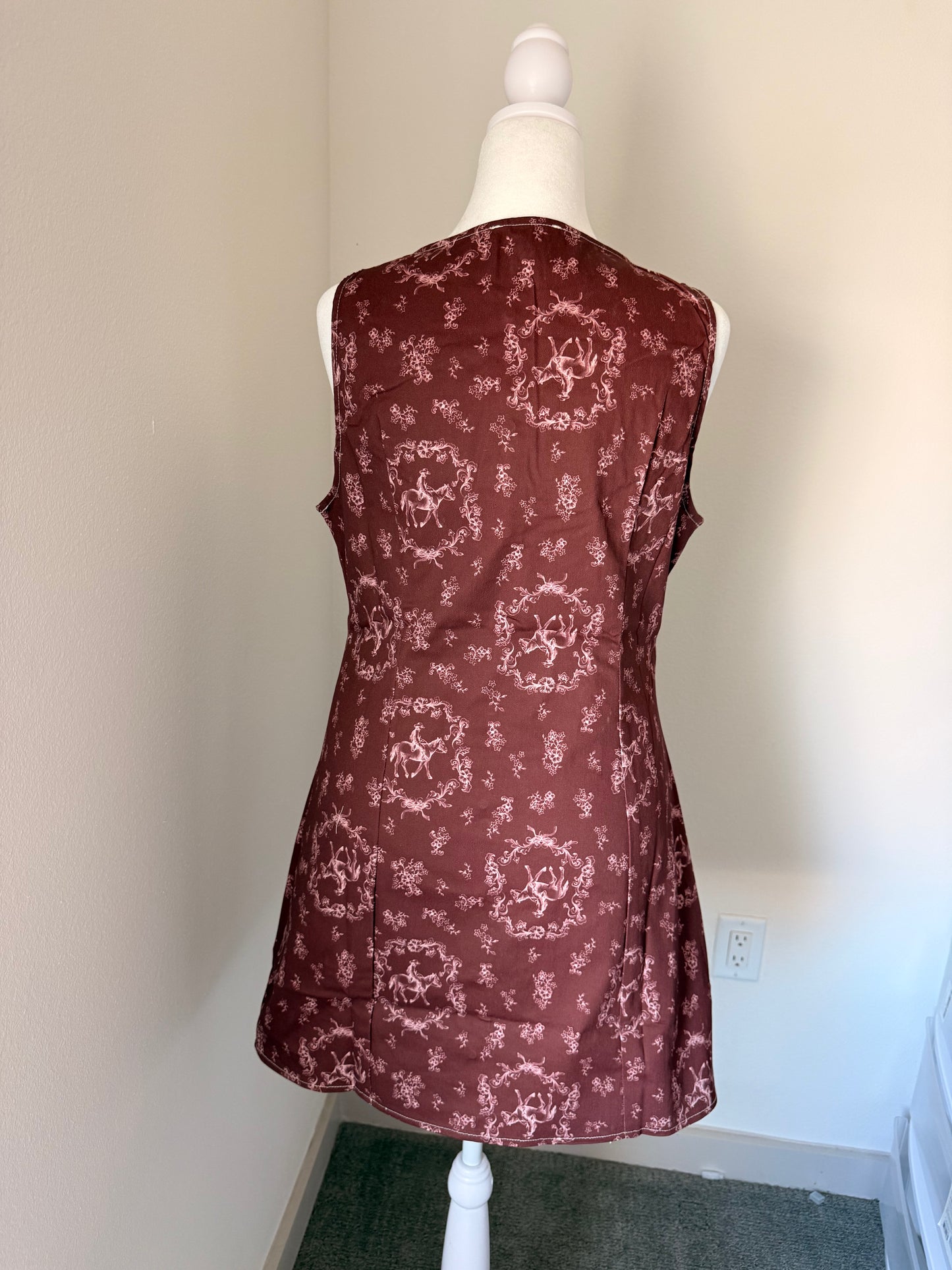 Western Chic Horse Print Button-Down Mini Dress in Burgundy