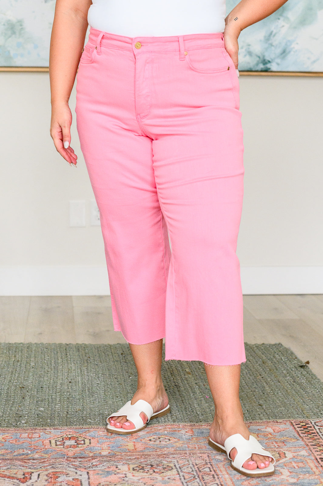 Lisa High Rise Tummy Control Wide Leg Crop Jeans in Pink