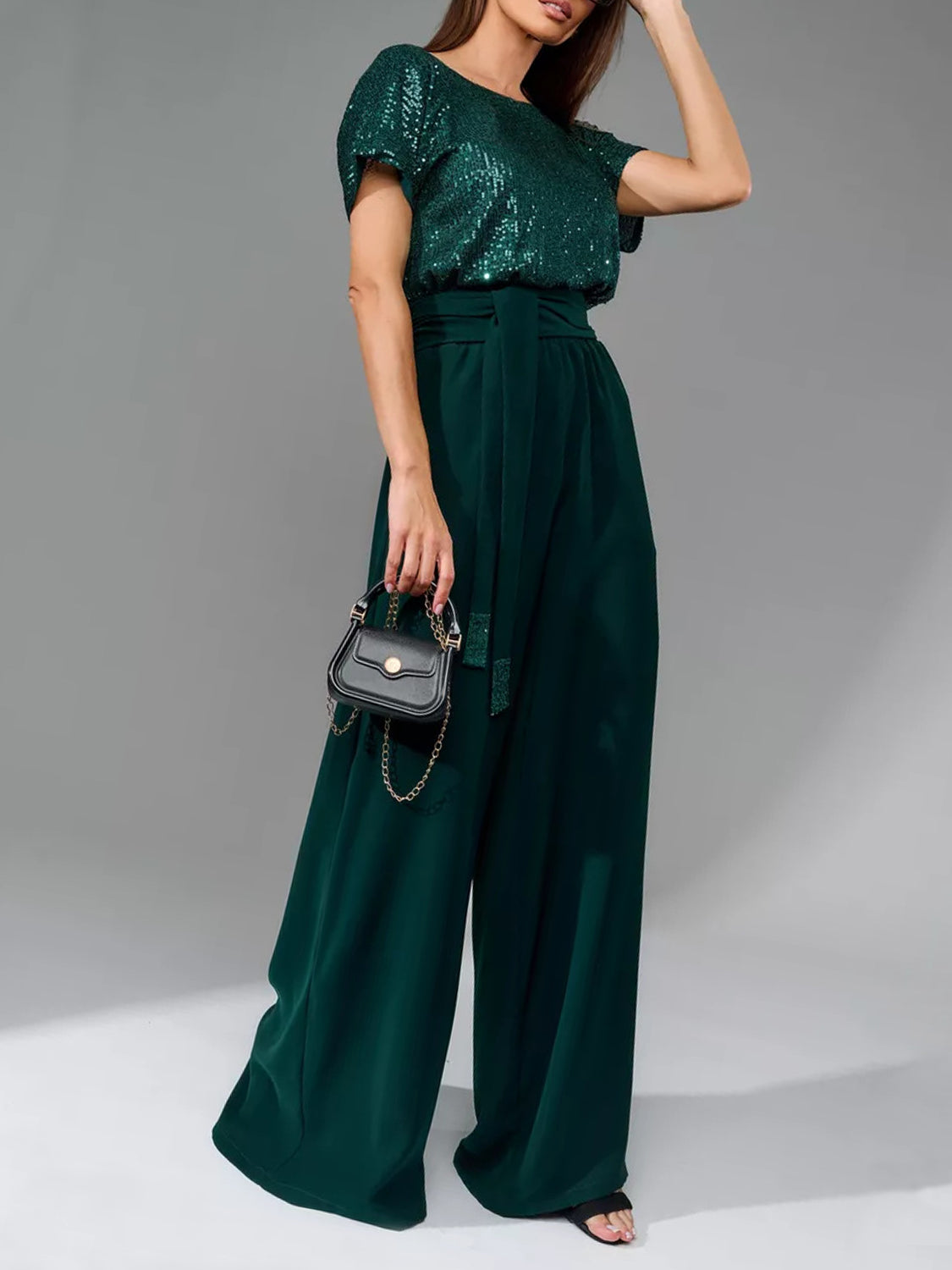 Angel Like Full Size Sequin Round Neck Short Sleeve Wide Leg Jumpsuit