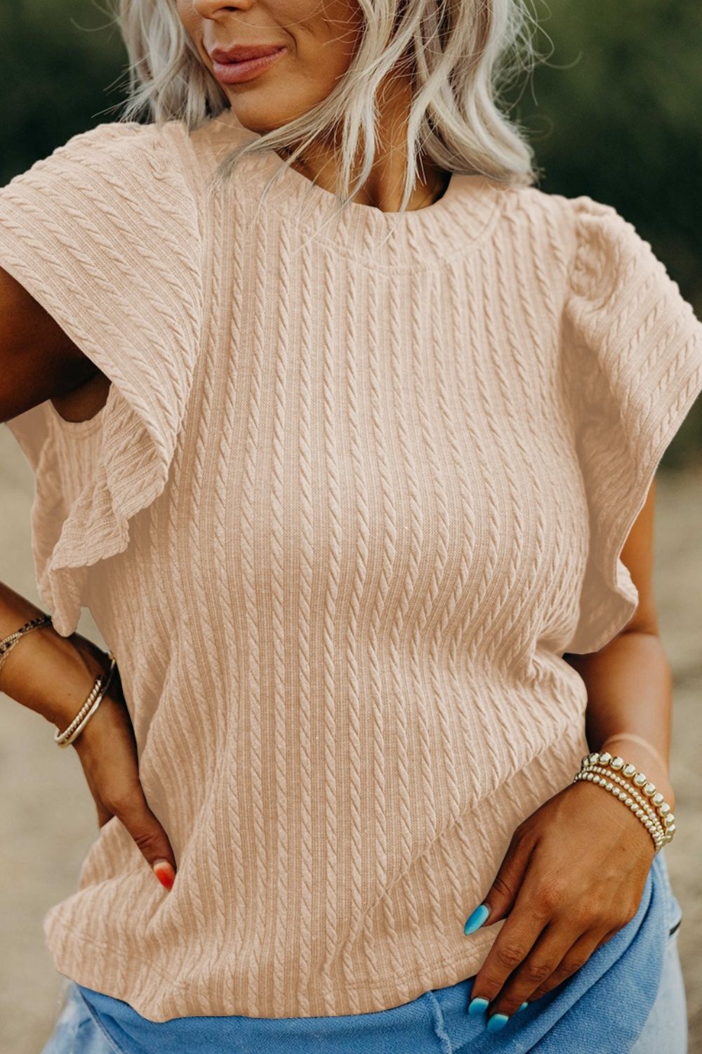 Fly Away Texture Round Neck Cap Sleeve Top