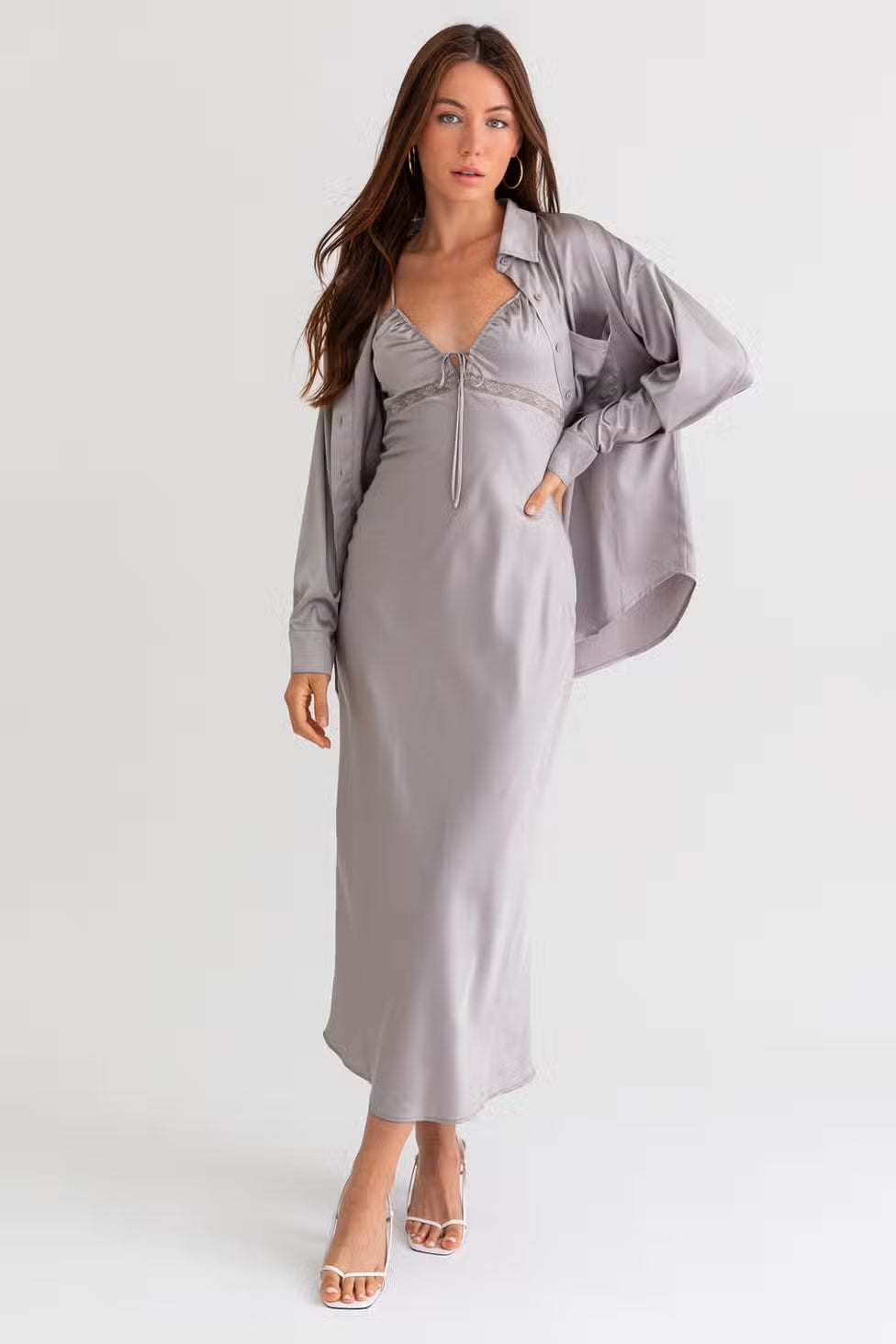 Story of My Life Lace Trim Maxi Satin Dress