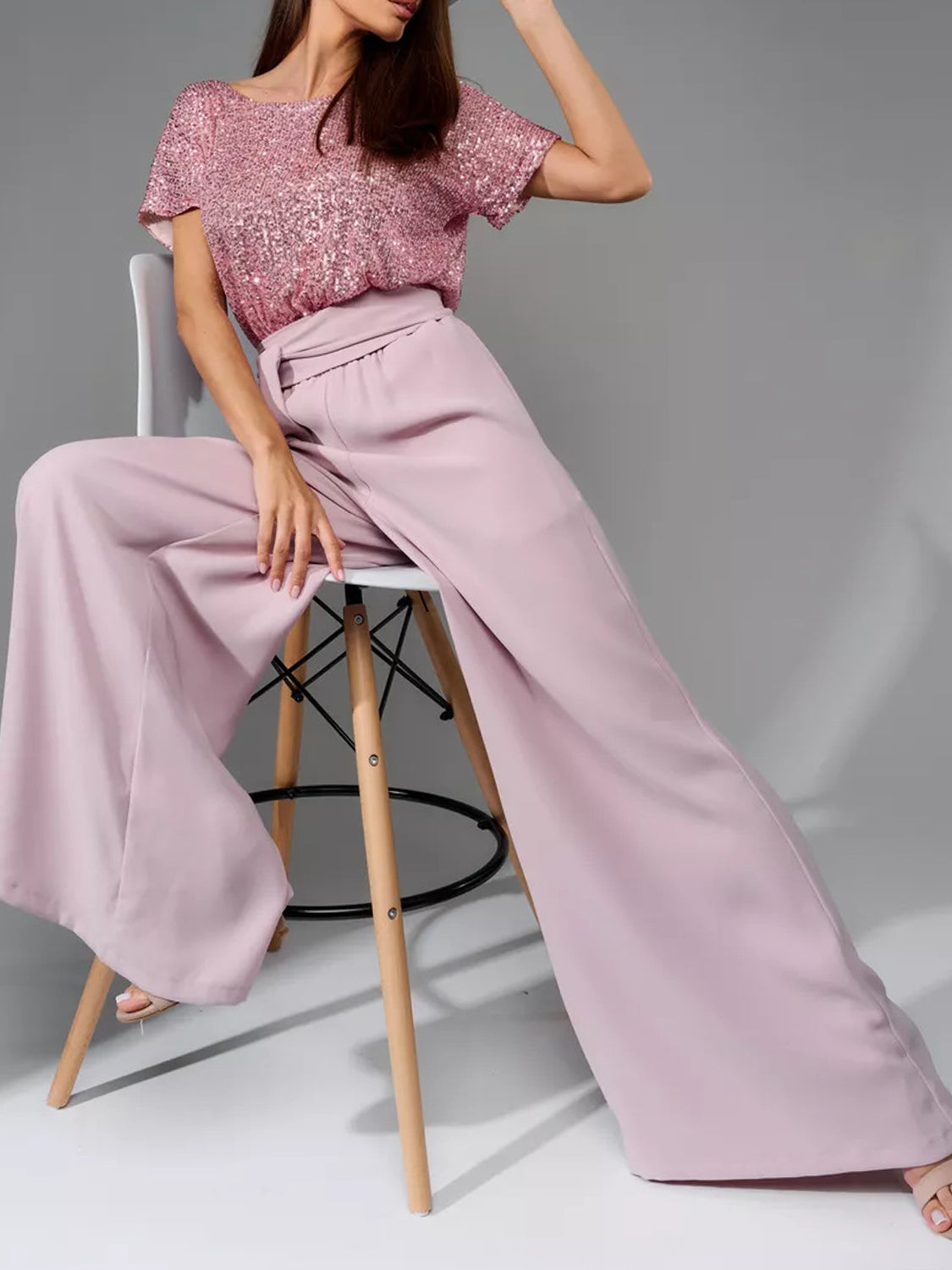 Angel Like Full Size Sequin Round Neck Short Sleeve Wide Leg Jumpsuit