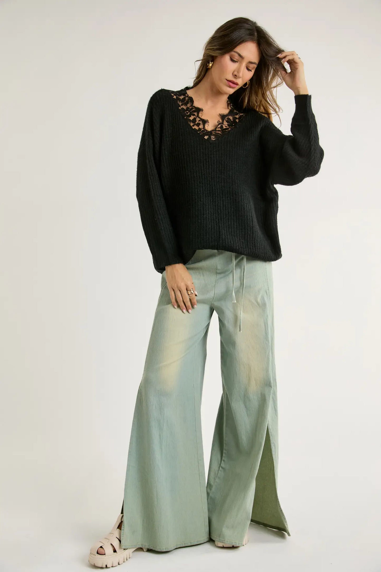 FLORAL LACE ACCENT V-NECK RIBBED KNIT DOLMAN SLEEVE OVERSIZED COZY SWEATER. Perfect to wear in San Luis Obispo.