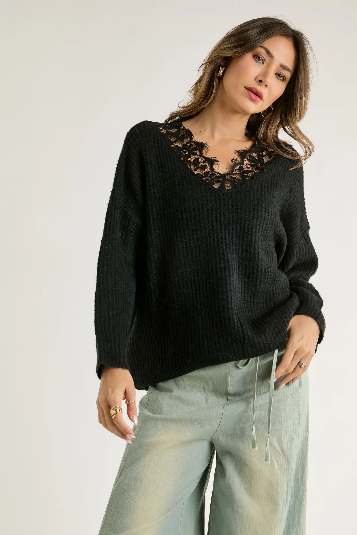 FLORAL LACE ACCENT V-NECK RIBBED KNIT DOLMAN SLEEVE OVERSIZED COZY SWEATER. Perfect to wear in San Luis Obispo.