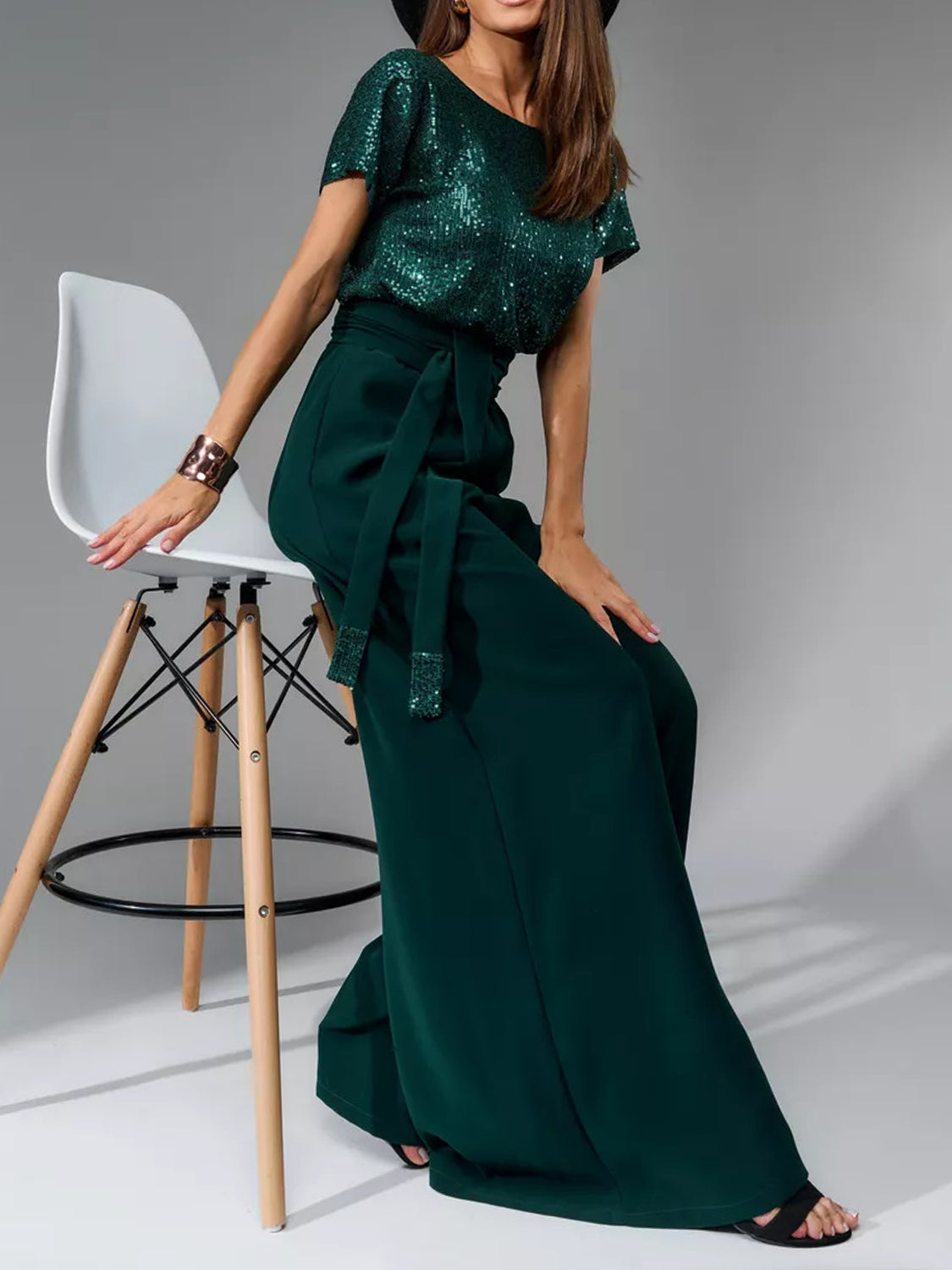 Angel Like Full Size Sequin Round Neck Short Sleeve Wide Leg Jumpsuit