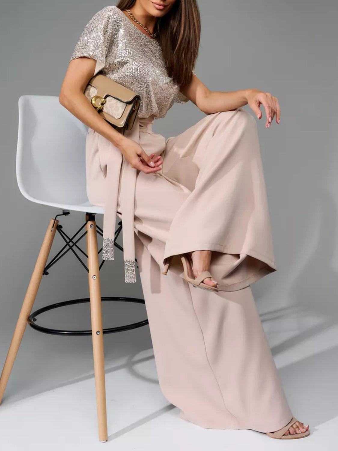 Angel Like Full Size Sequin Round Neck Short Sleeve Wide Leg Jumpsuit