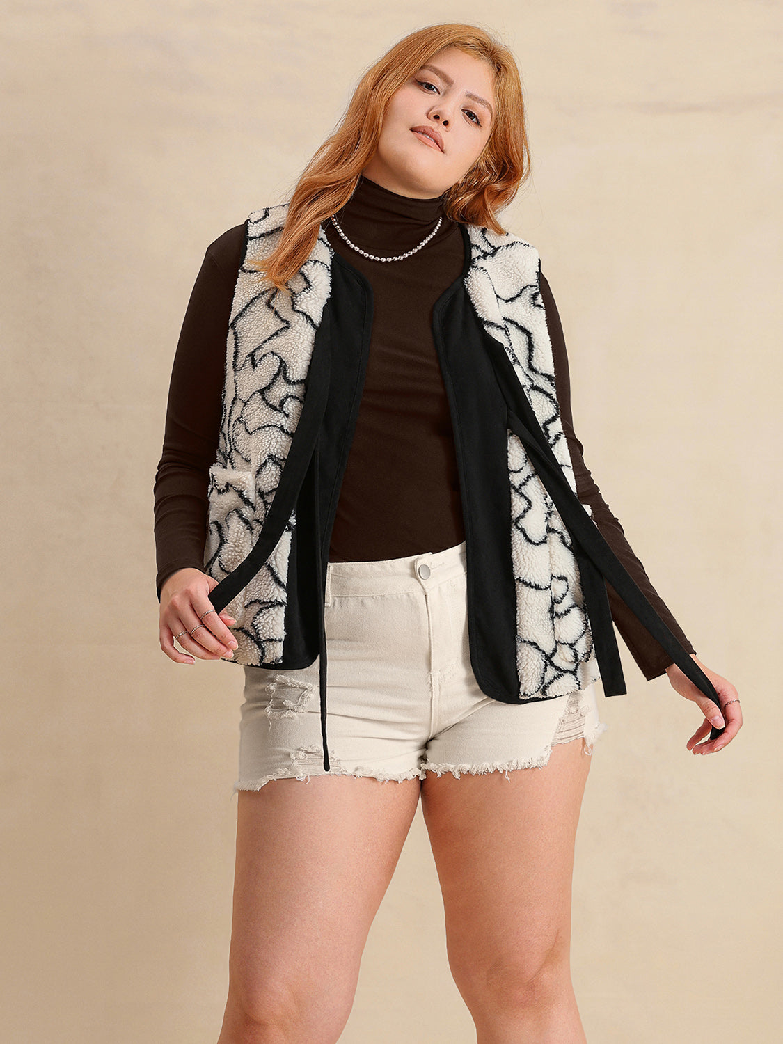 Outlook Plus Size Tied Sherpa Vest Coat with Pockets