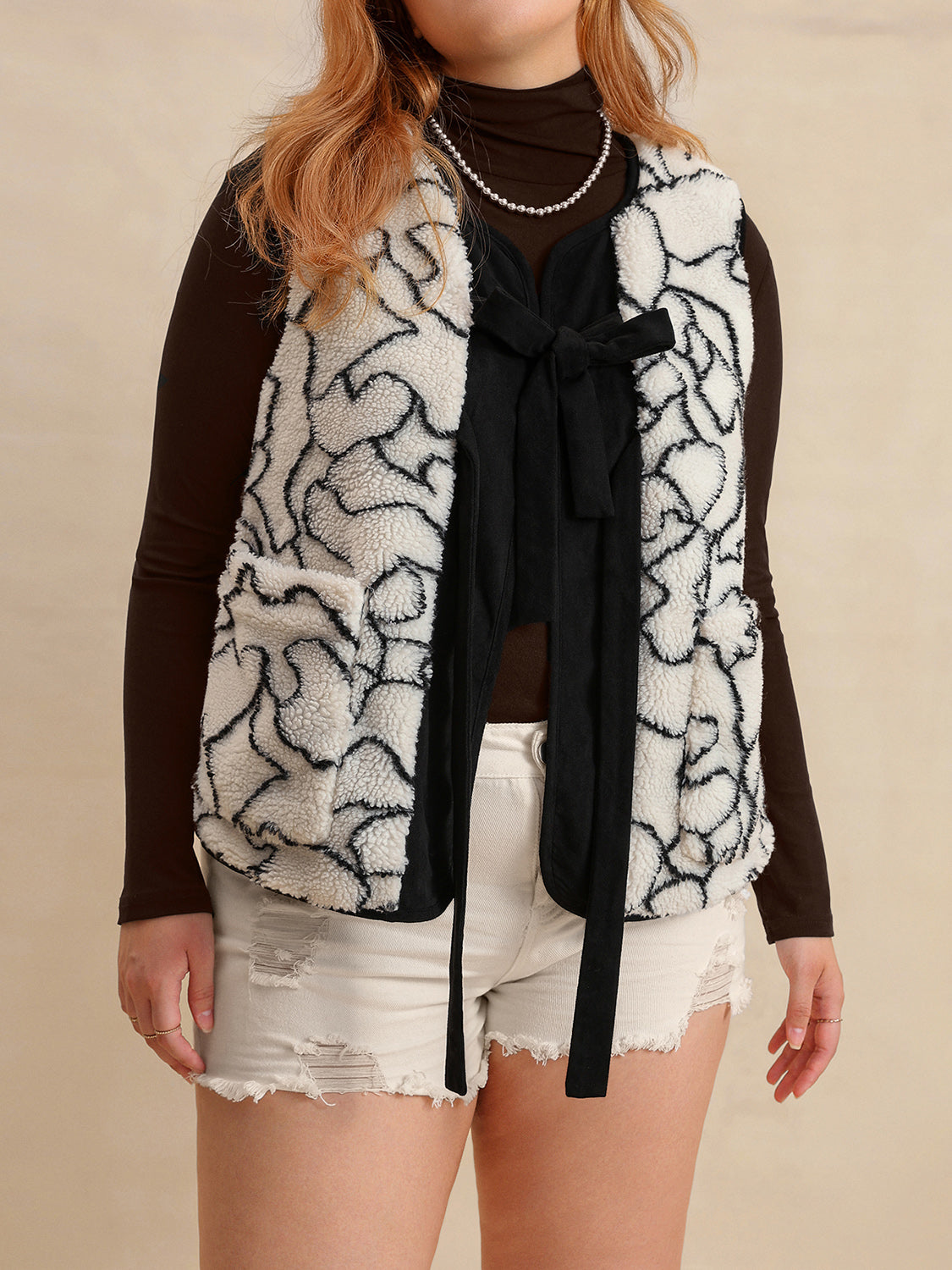 Outlook Plus Size Tied Sherpa Vest Coat with Pockets