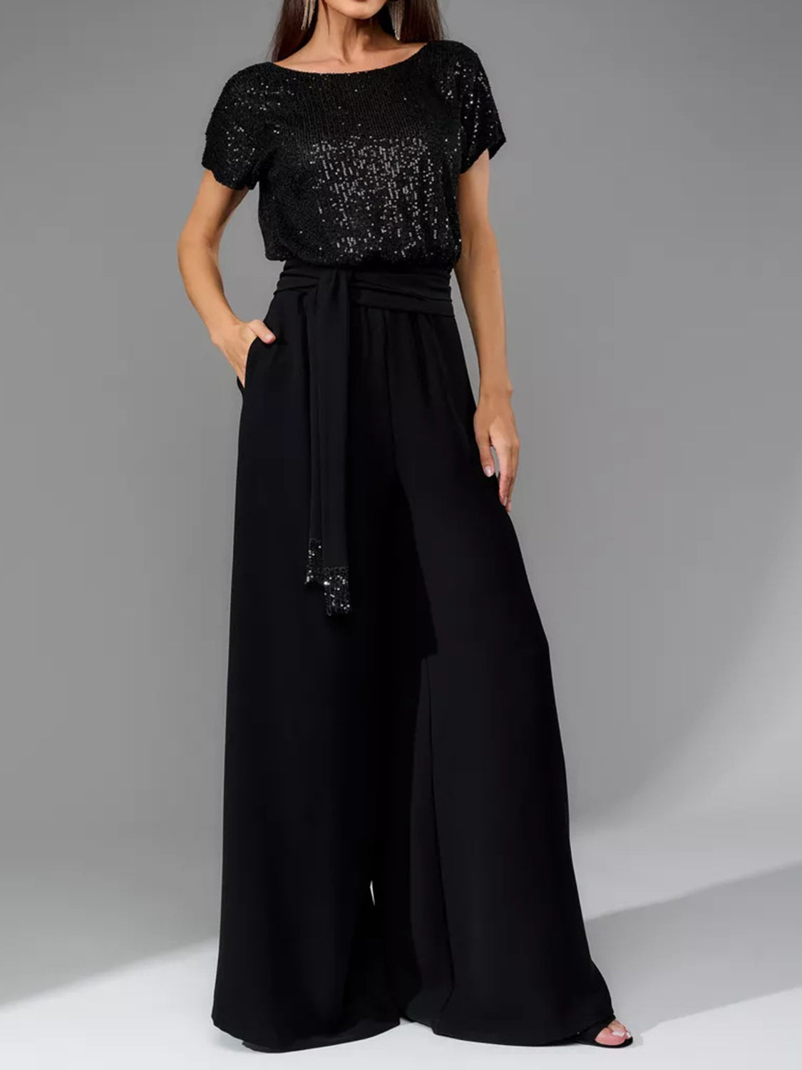Angel Like Full Size Sequin Round Neck Short Sleeve Wide Leg Jumpsuit