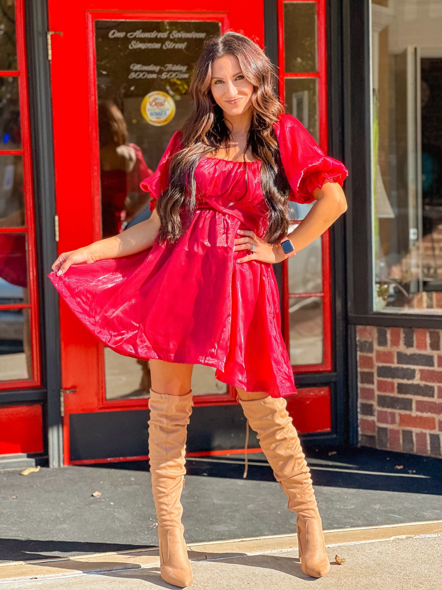 Santa Baby Puff Sleeve Christmas Dress - Burgundy - West Avenue