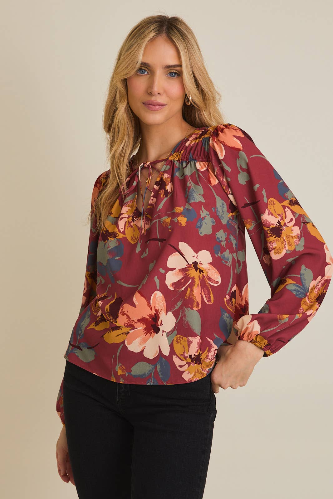 Adore You V-NECK FRONT TIE LONG SLEEVE FLORAL TOP