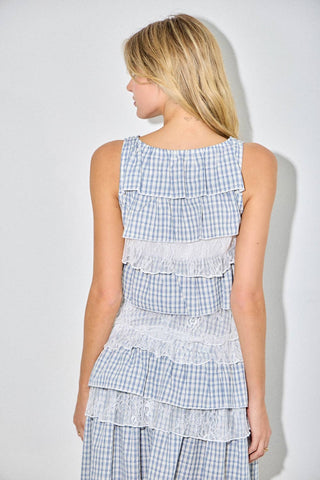 Cottagecore Blue Gingham Tiered Lace Cami Top