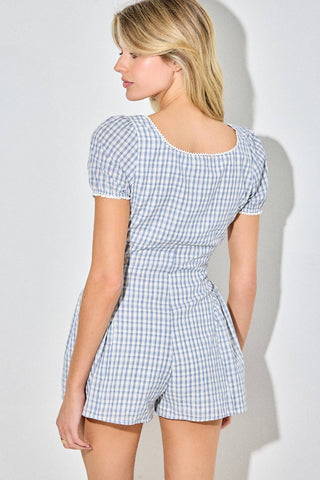 Vintage Gingham Lace Puff Sleeve Romper in Blue