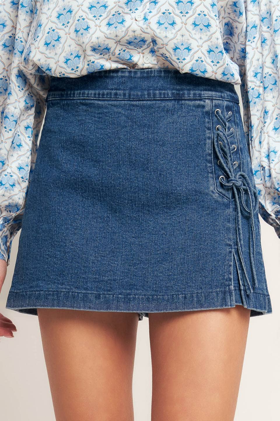 Lola Side Lace-Up Washed Denim Mini Skort
