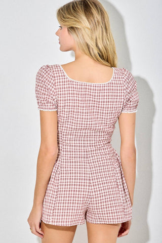 Vintage Gingham Lace Puff Sleeve Romper in Red