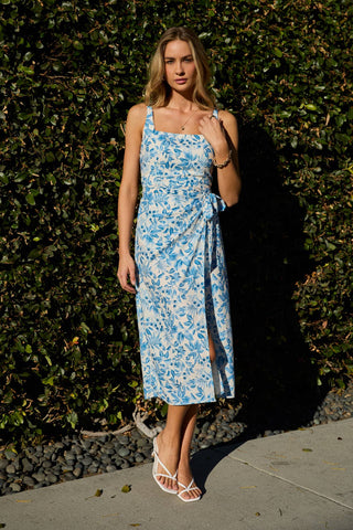 Serene Floral Square Neck Faux Wrap Midi Dress