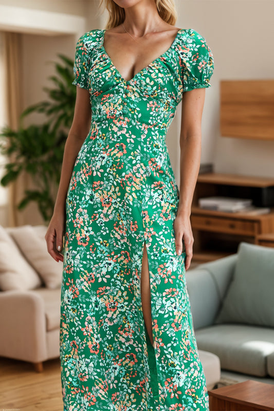 Cassandra Slit Printed Short Sleeve Midi Dress