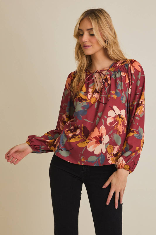 Adore You V-NECK FRONT TIE LONG SLEEVE FLORAL TOP