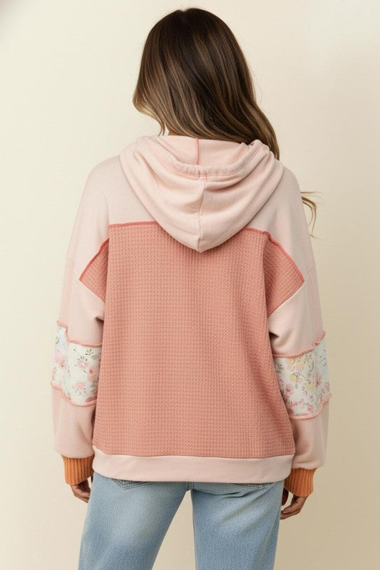 Button Waffle Floral Color Block Top Hoodie Jacket