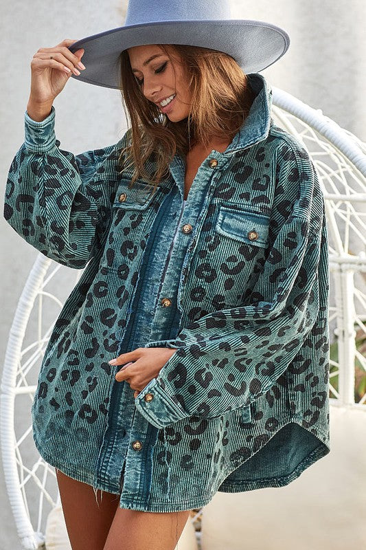 Texas Vintage Washed Leopard Corduroy Buttoned Jacket