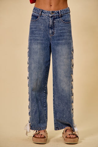 Mid Rise Straight Leg Denim Jeans with Side Lace-Up Detail