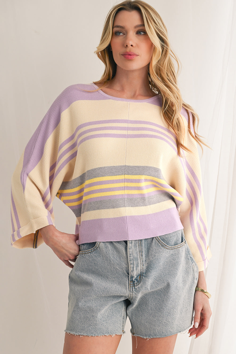 Julie Purple Striped Rib-Knit Cropped Top