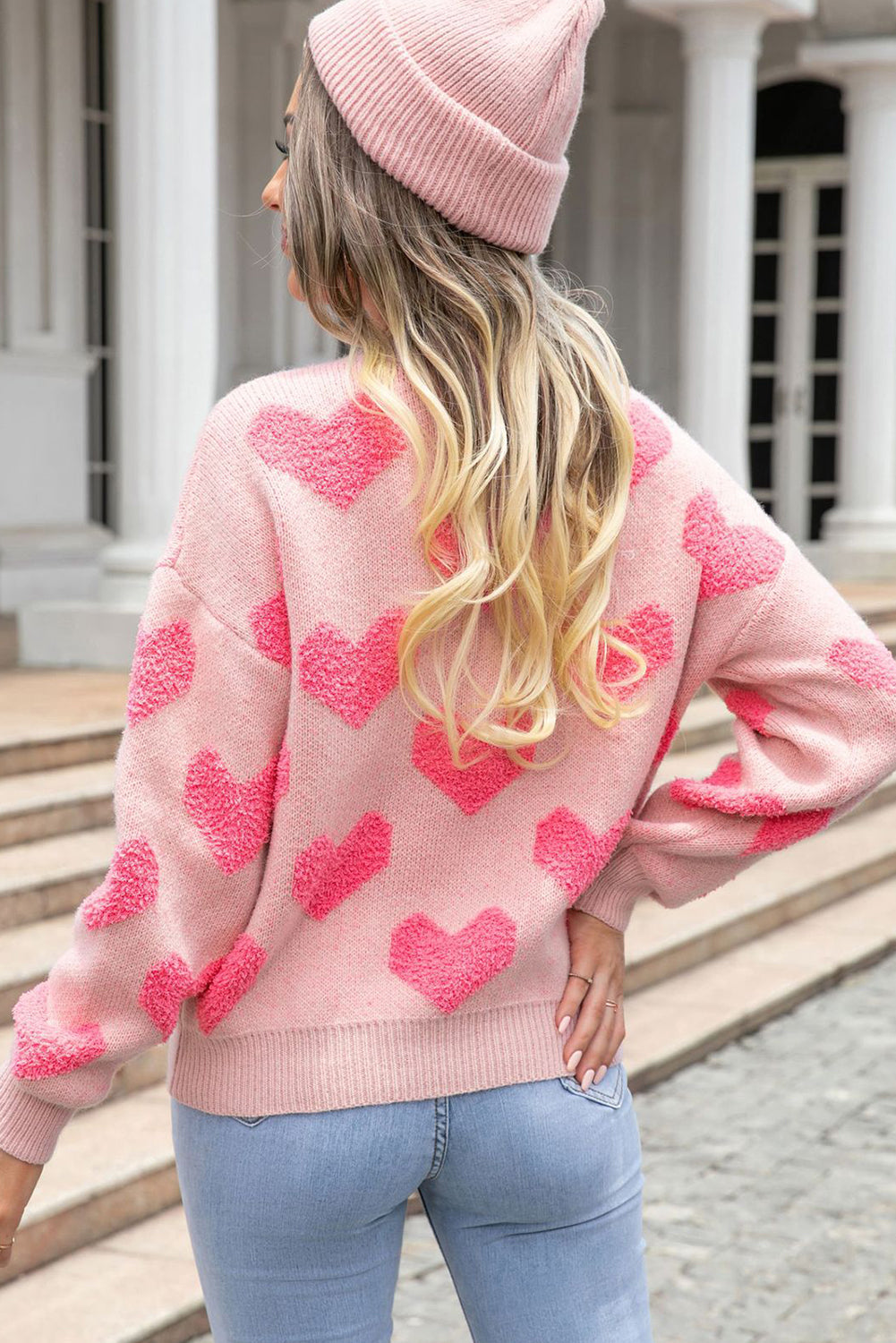 Light Pink Valentines Day Heart Jacquard Knit Sweater