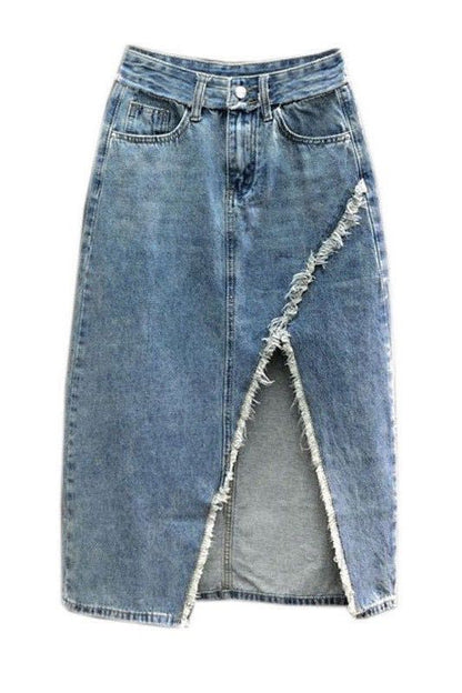 Jones Distressed denim midi skirt