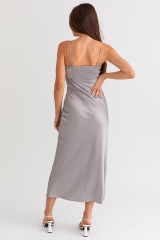 Story of My Life Lace Trim Maxi Satin Dress