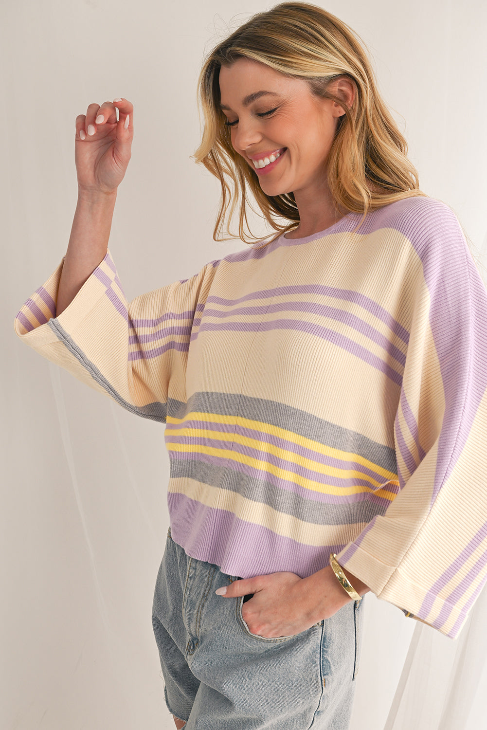 Julie Purple Striped Rib-Knit Cropped Top