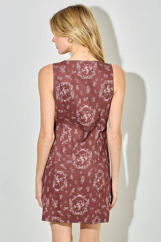 Western Chic Horse Print Button-Down Mini Dress in Burgundy