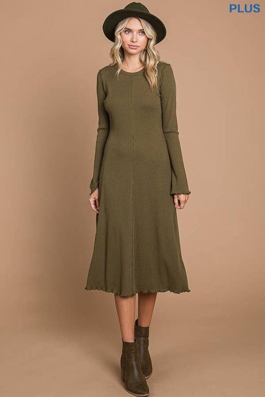 Good Girl Plus Crew Neck Bell Sleeve Dress in Warm Olive