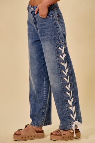Mid Rise Straight Leg Denim Jeans with Side Lace-Up Detail