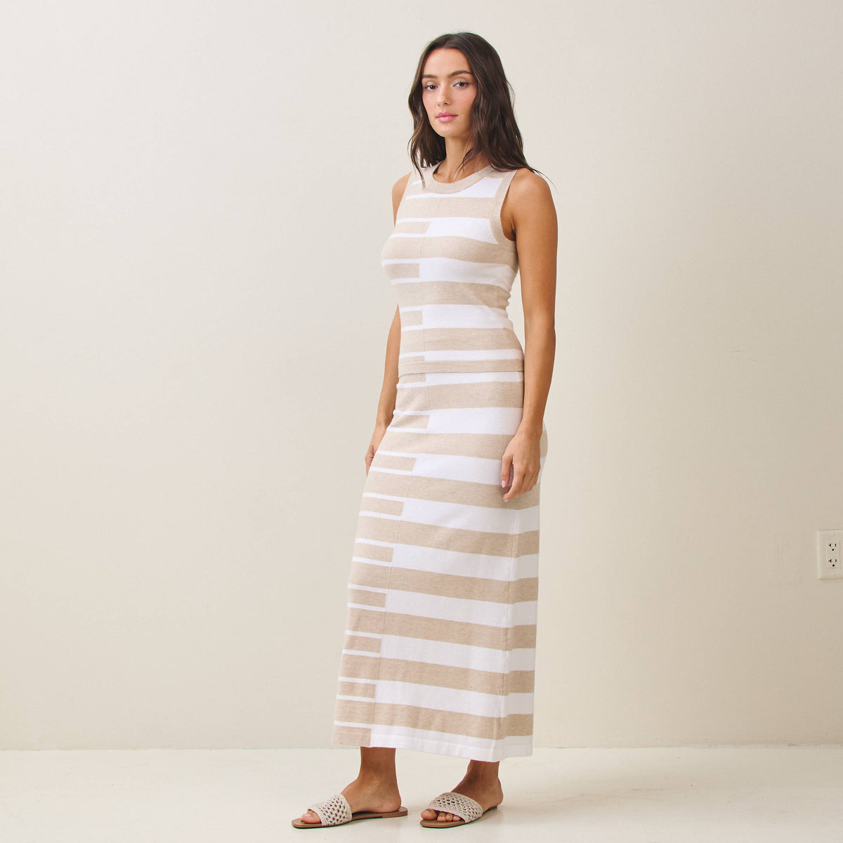 Ruin the Friendship Striped Colorblock Knit Vest & Midi Skirt Set in Sand