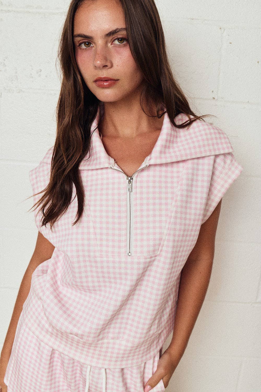 So Easy Gingham Zip Up Top Short Set