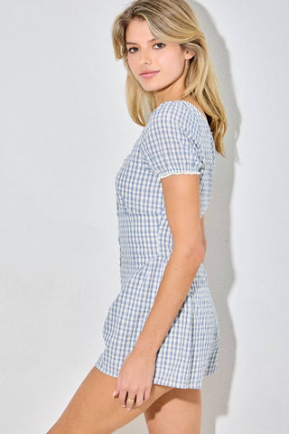 Vintage Gingham Lace Puff Sleeve Romper in Blue